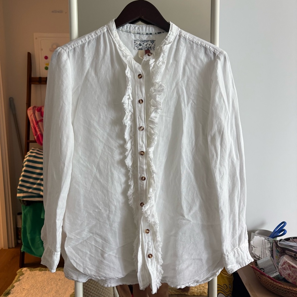 Pilcro Anthropologie Ruffle-Trim linen Button-Down Shirt